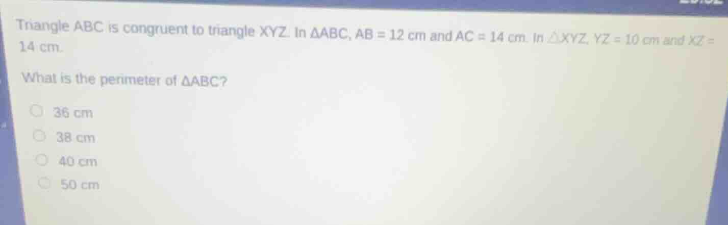 triangle abc is congruent to triangle xyz. in \\(\\delta abc\\), \\(ab …