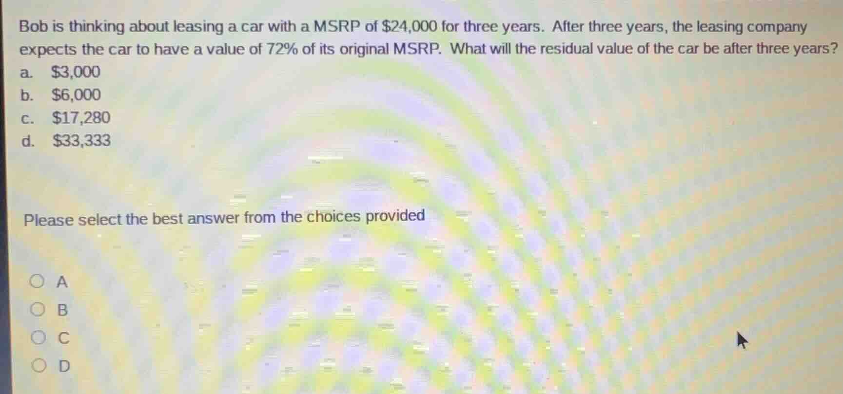 bob is thinking about leasing a car with a msrp of \\$24,000 for three …
