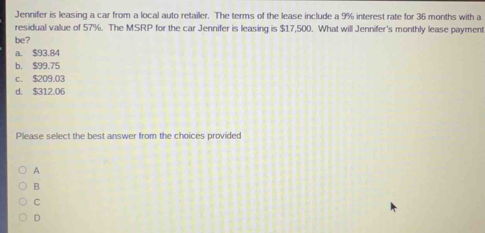 jennifer is leasing a car from a local auto retailer. the terms of the …