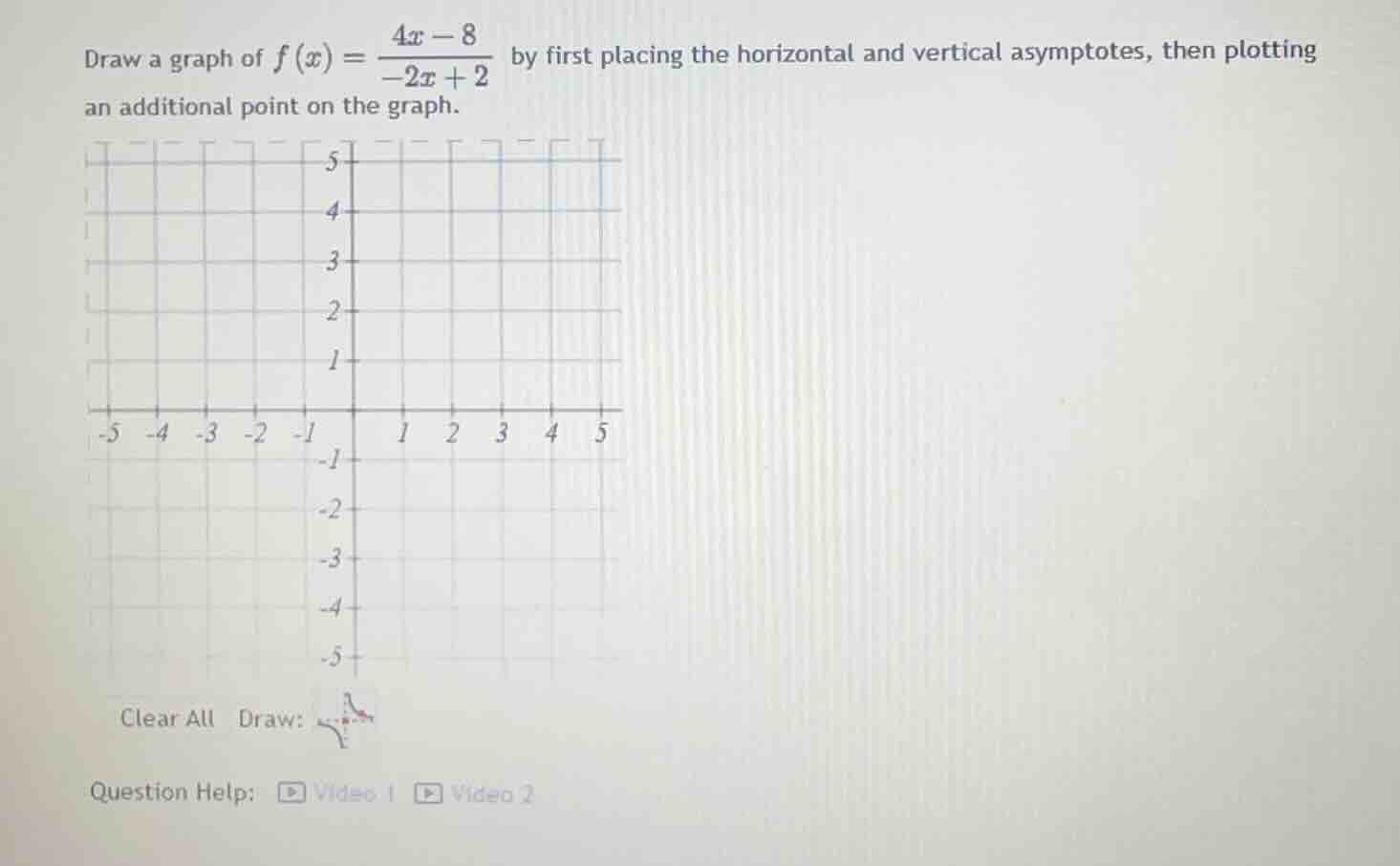 draw a graph of (f(x) = \\frac{4x - 8}{-2x + 2}) by first placing the h…