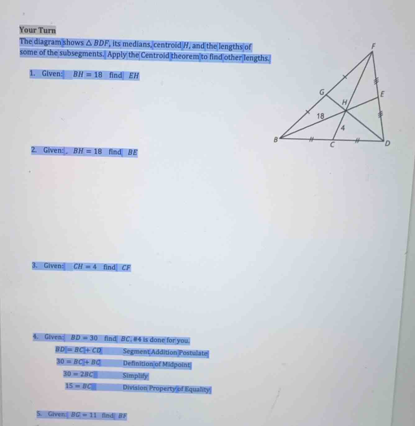 your turn the diagram shows \\(\\delta bdf\\), its medians, centroid \\…