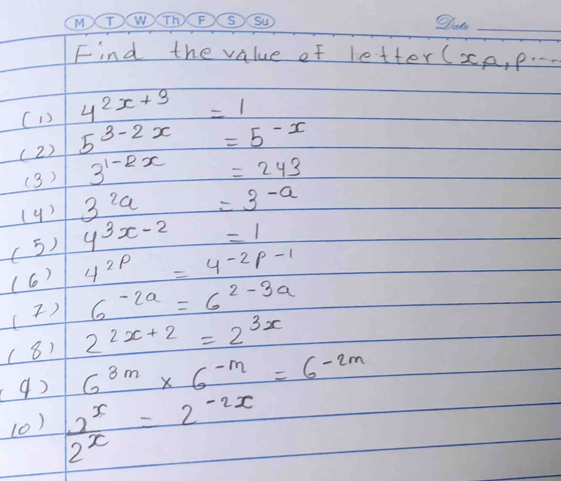 find the value of letter \\( (x, a, p, \\dots) \\) (1) \\( 4^{2x+3} = 1…