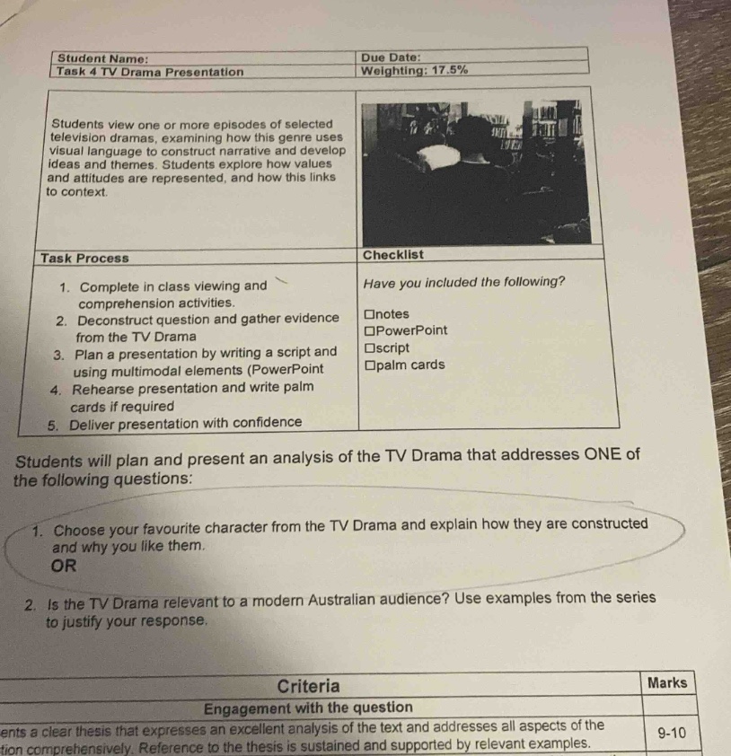 student name: due date: task 4 tv drama presentation weighting: 17.5% s…
