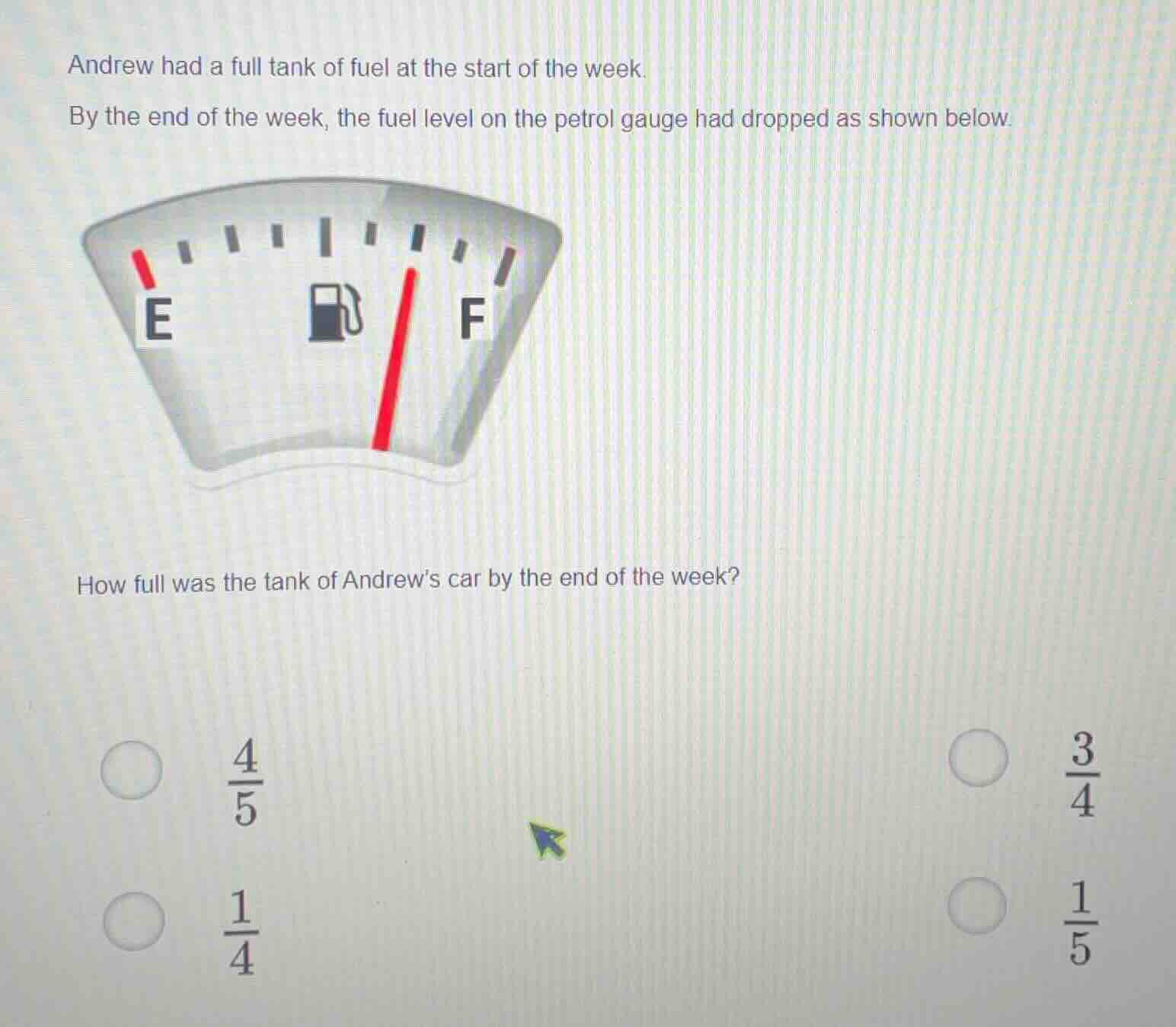 andrew had a full tank of fuel at the start of the week. by the end of …