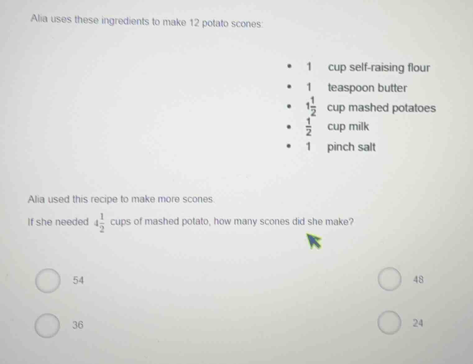 alia uses these ingredients to make 12 potato scones: * 1 cup self-rais…