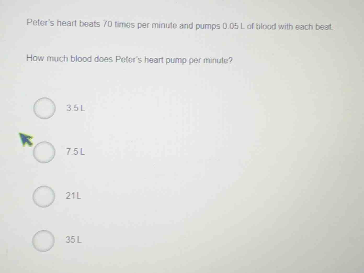 peters heart beats 70 times per minute and pumps 0.05 l of blood with e…