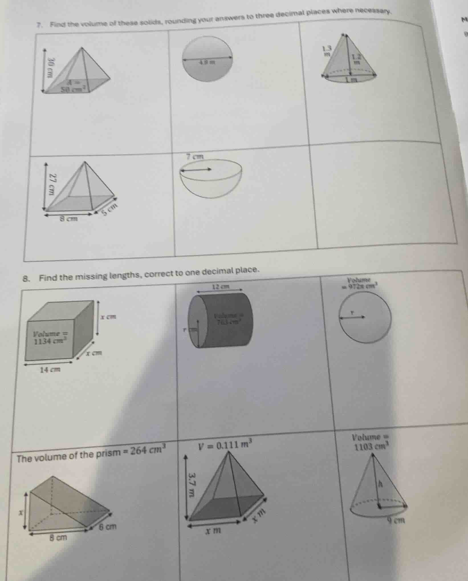 7. find the volume of these solids, rounding your answers to three deci…