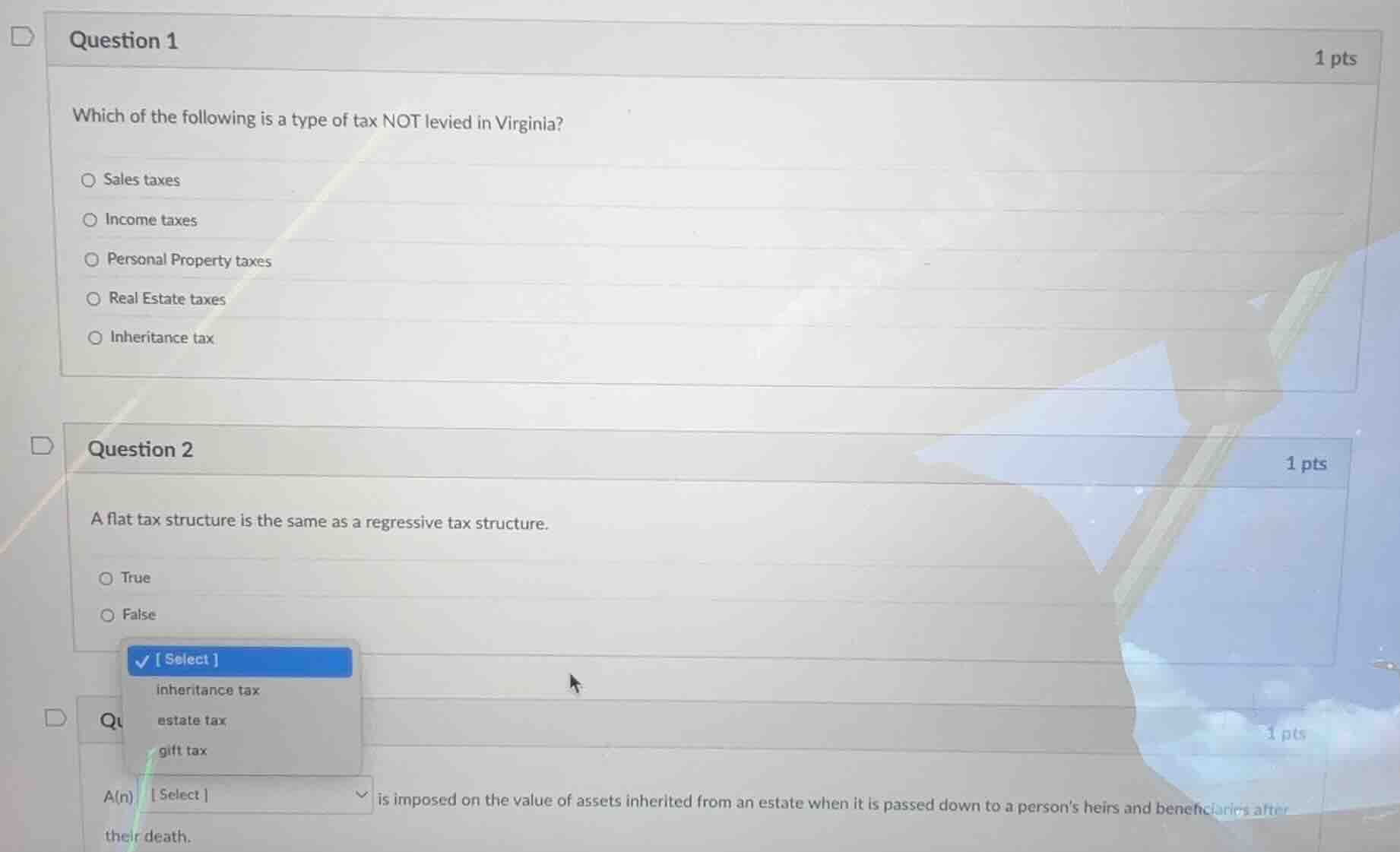 question 1 which of the following is a type of tax not levied in virgin…