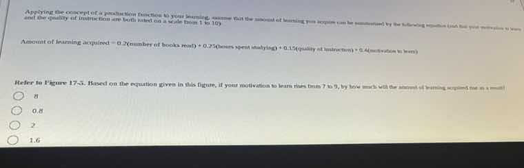 applying the concept of a production function to your learning, assume …