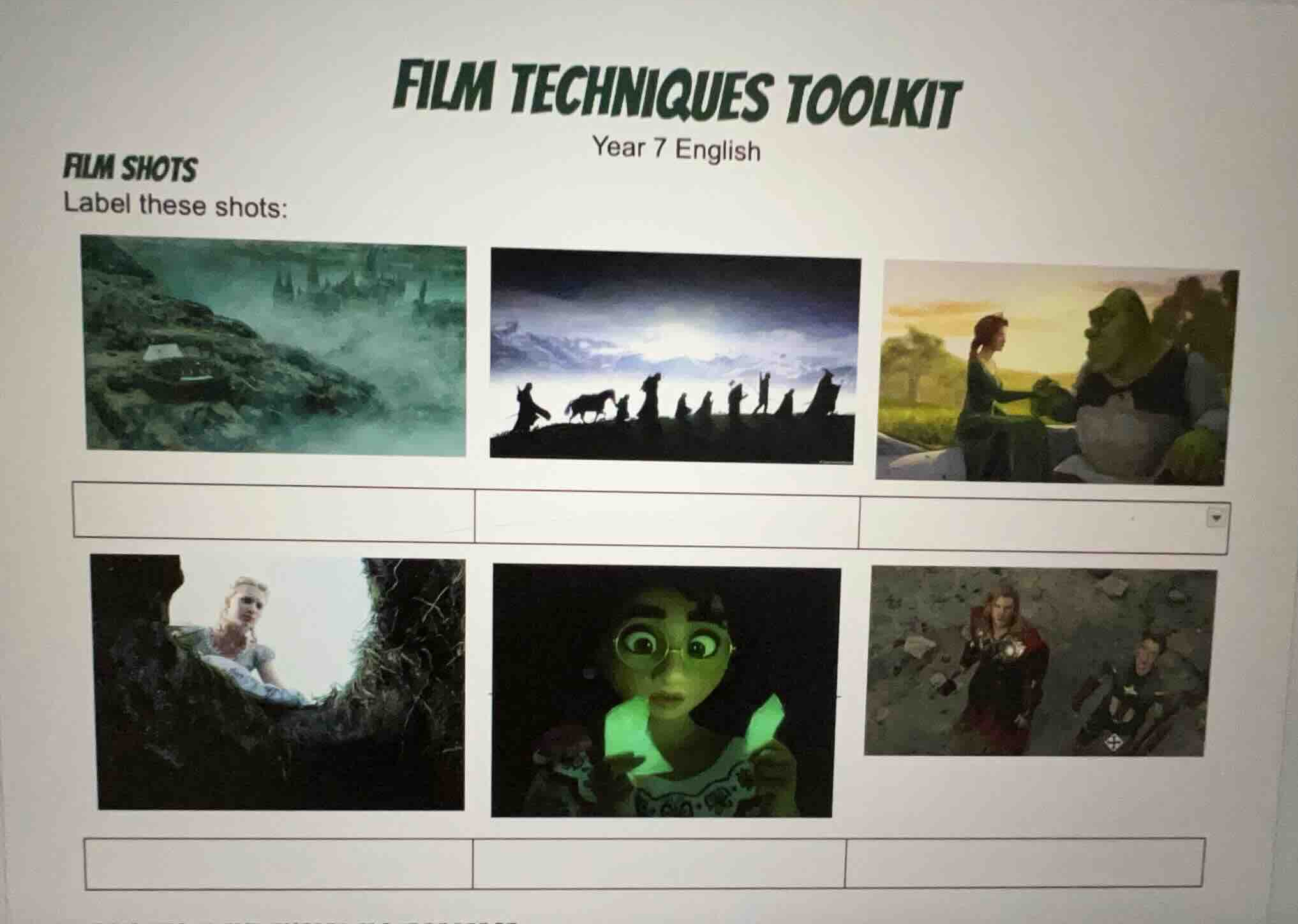 film techniques toolkit year 7 english film shots label these shots: