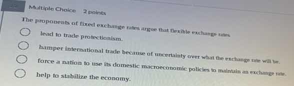 multiple choice 2 points the proponents of fixed exchange rates argue t…