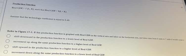 production function real gdp = t(l, k), such that real gdp = t(l + k) a…