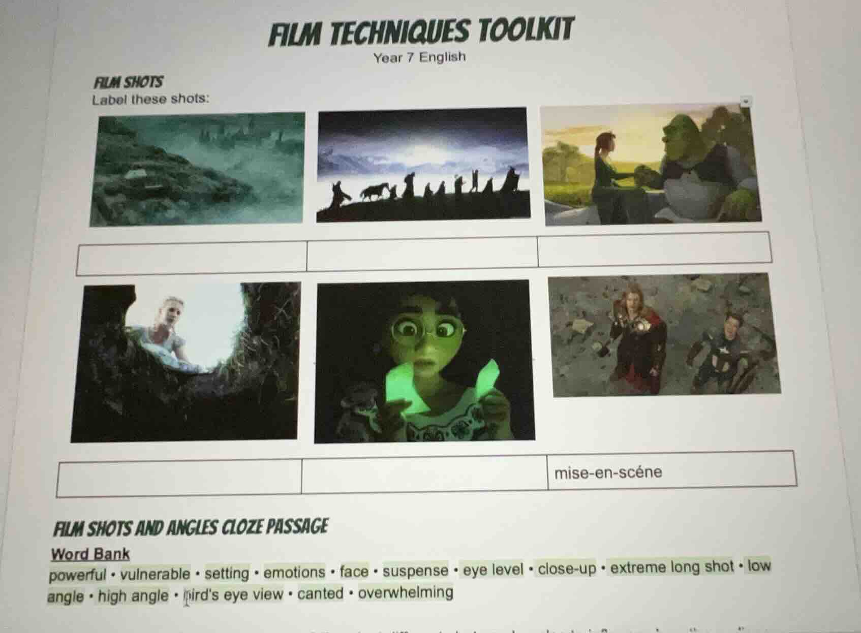 film techniques toolkit year 7 english film shots label these shots: mi…