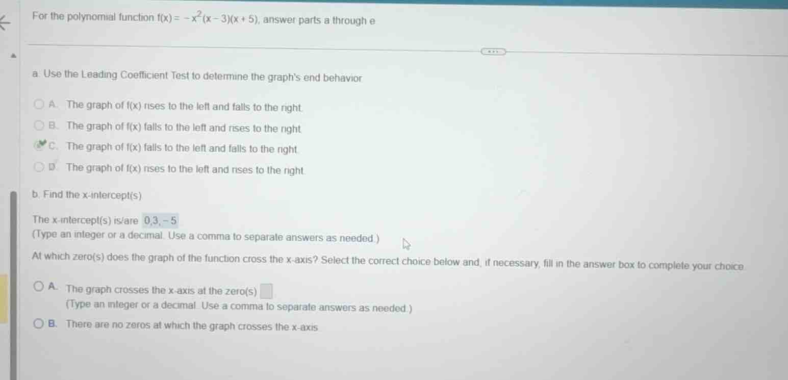for the polynomial function \\(f(x) = -x^2(x-3)(x+5)\\), answer parts a…