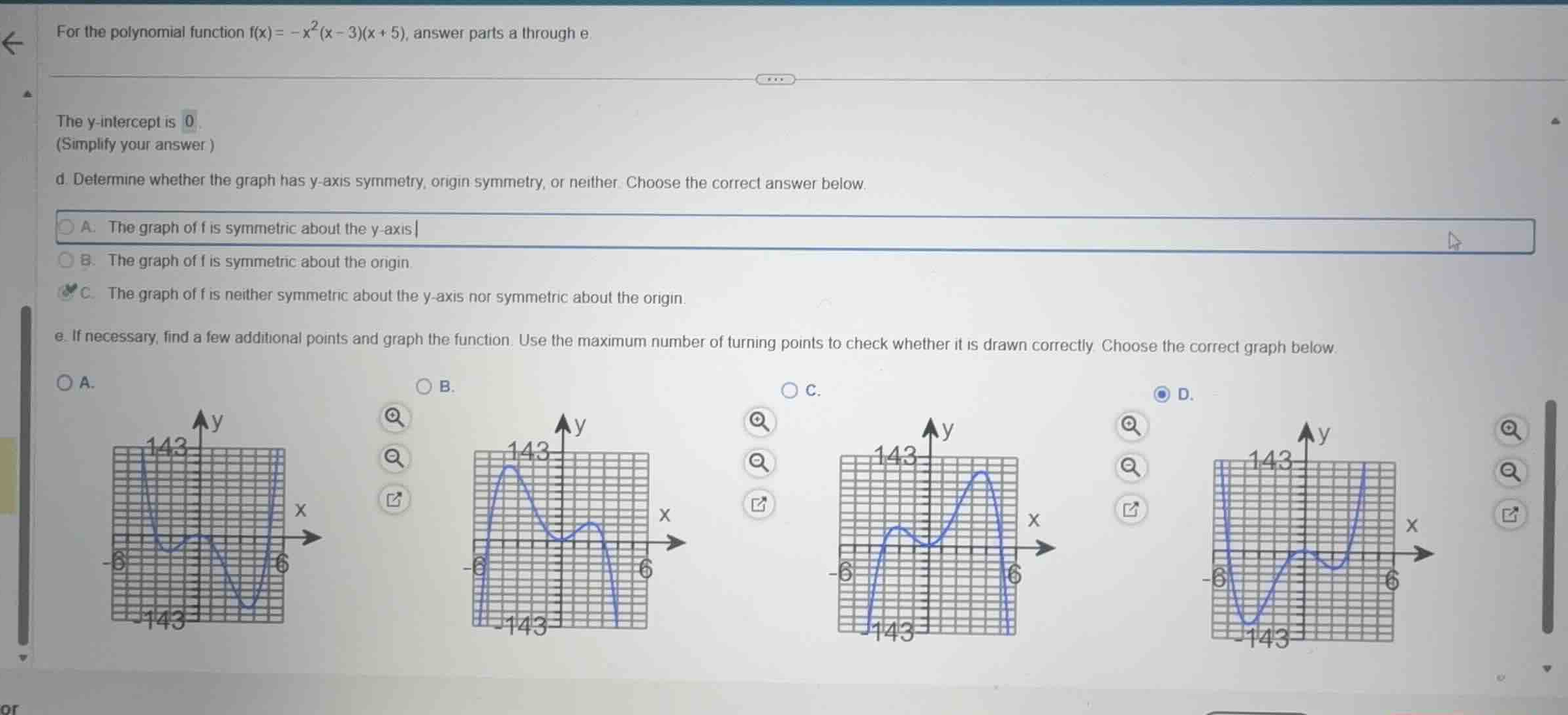 for the polynomial function \\(f(x) = -x^2(x - 3)(x + 5)\\), answer par…