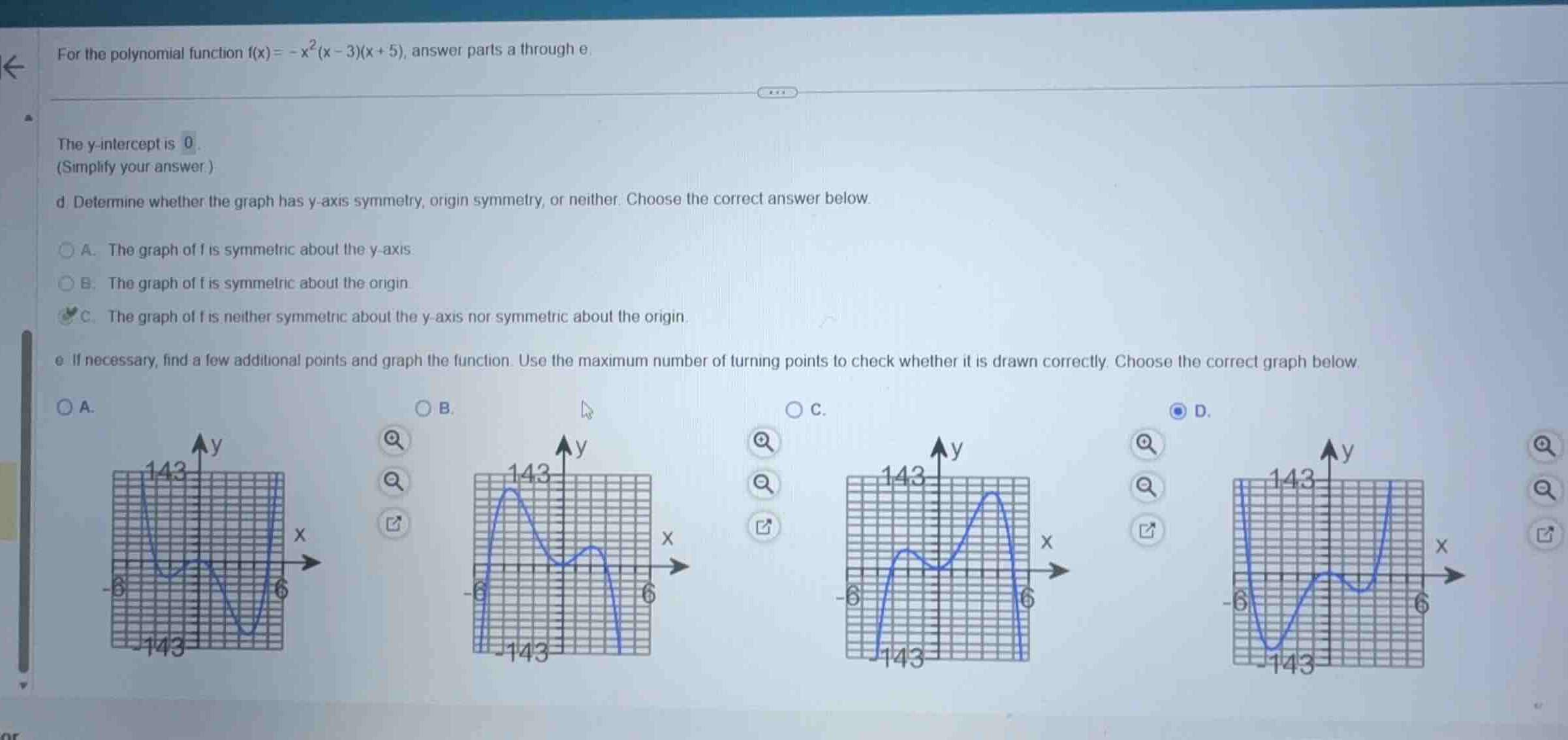 for the polynomial function \\(f(x) = -x^2(x - 3)(x + 5)\\), answer par…