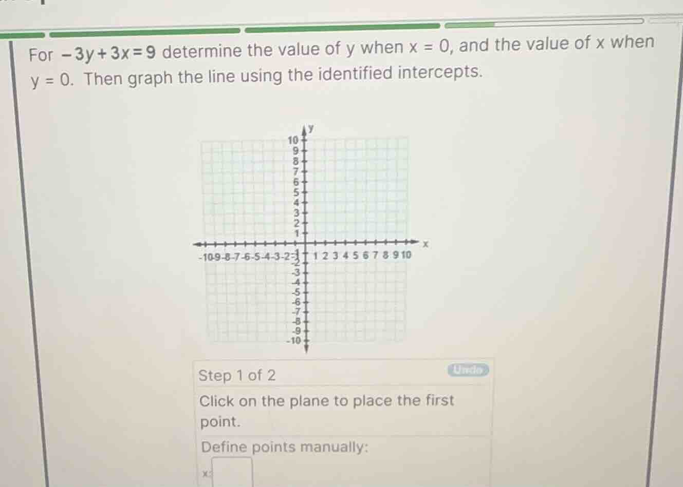 for \\(-3y + 3x = 9\\) determine the value of \\(y\\) when \\(x = 0\\),…
