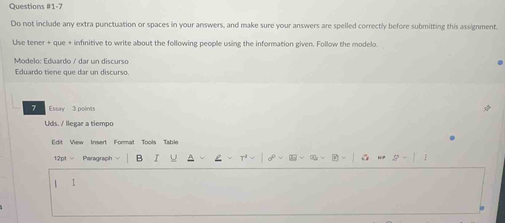 questions #1-7 do not include any extra punctuation or spaces in your a…