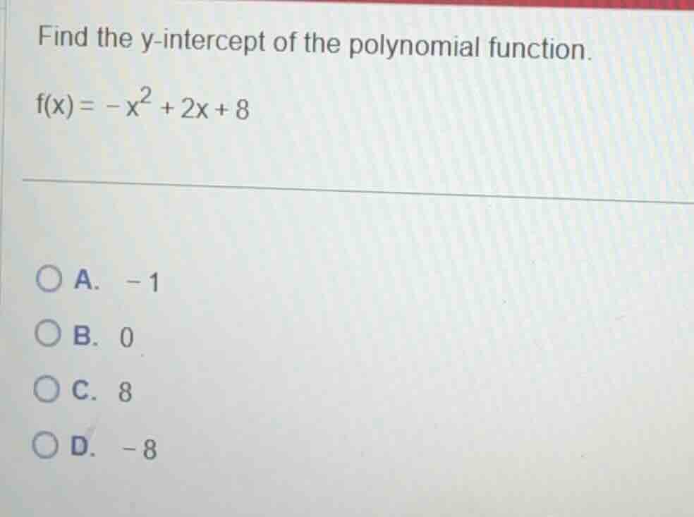 find the y-intercept of the polynomial function. (f(x) = -x^2 + 2x + 8)…