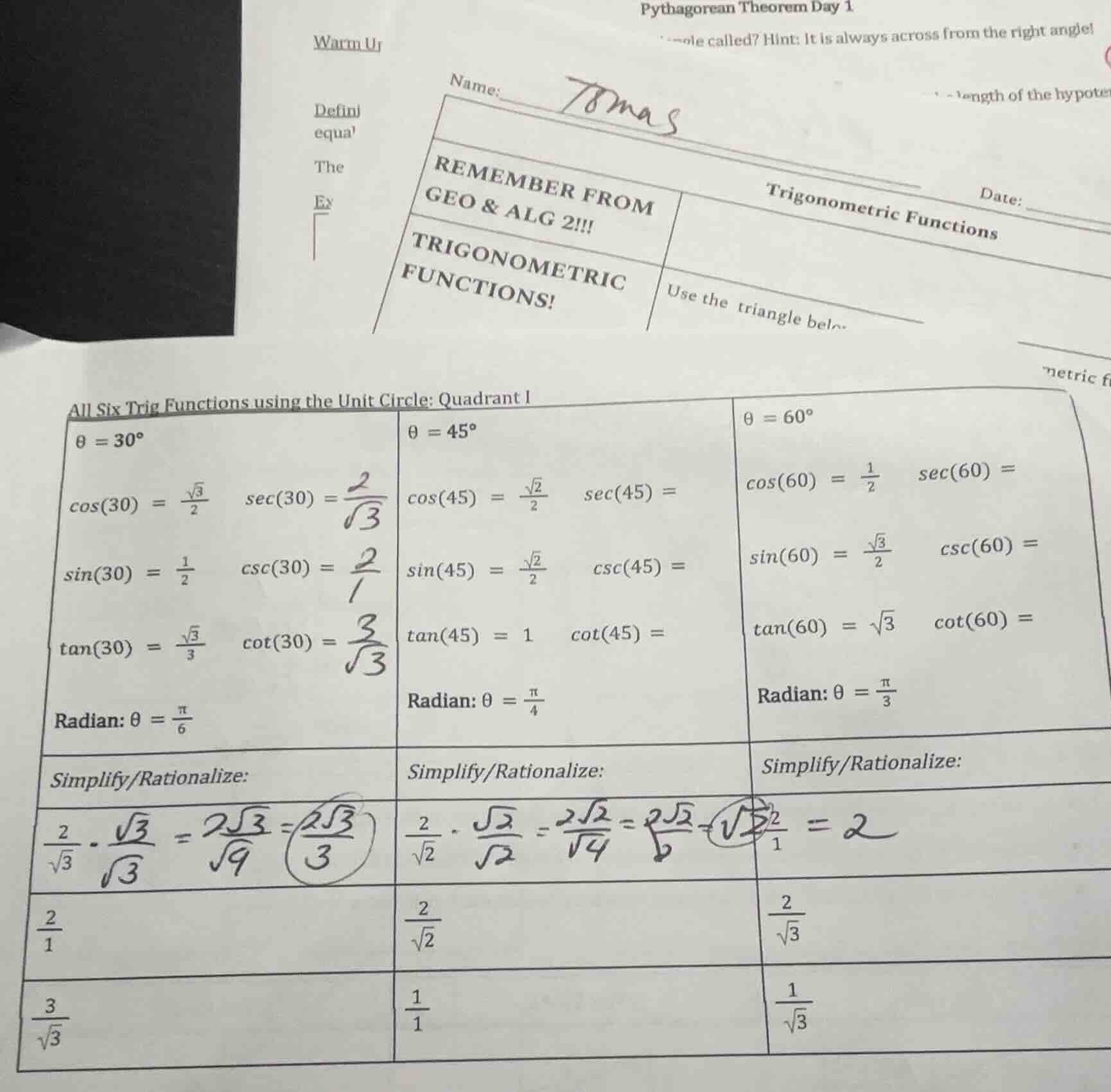 all six trig functions using the unit circle: quadrant i \\(\\theta = 3…