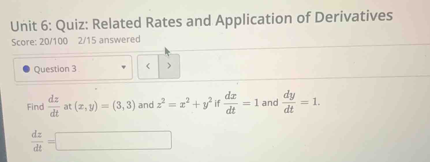unit 6: quiz: related rates and application of derivatives score: 20/10…