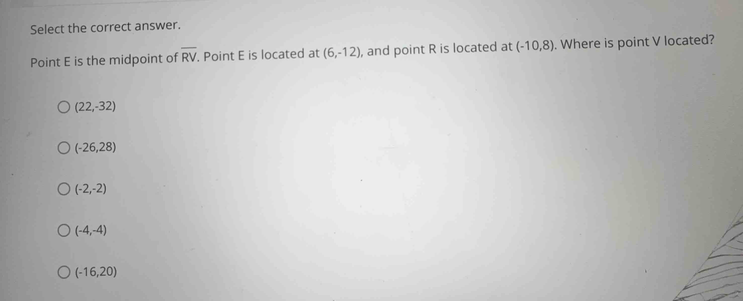 select the correct answer. point e is the midpoint of \\(\\overline{rv}…