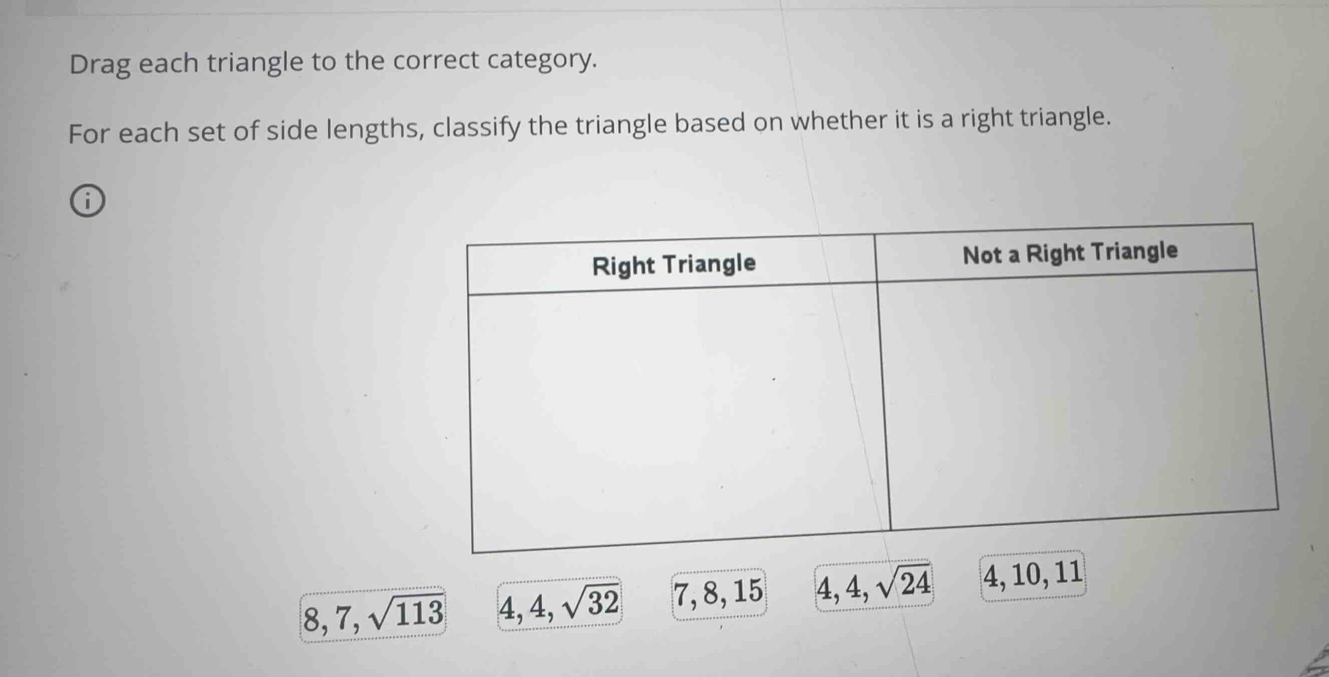 drag each triangle to the correct category. for each set of side length…