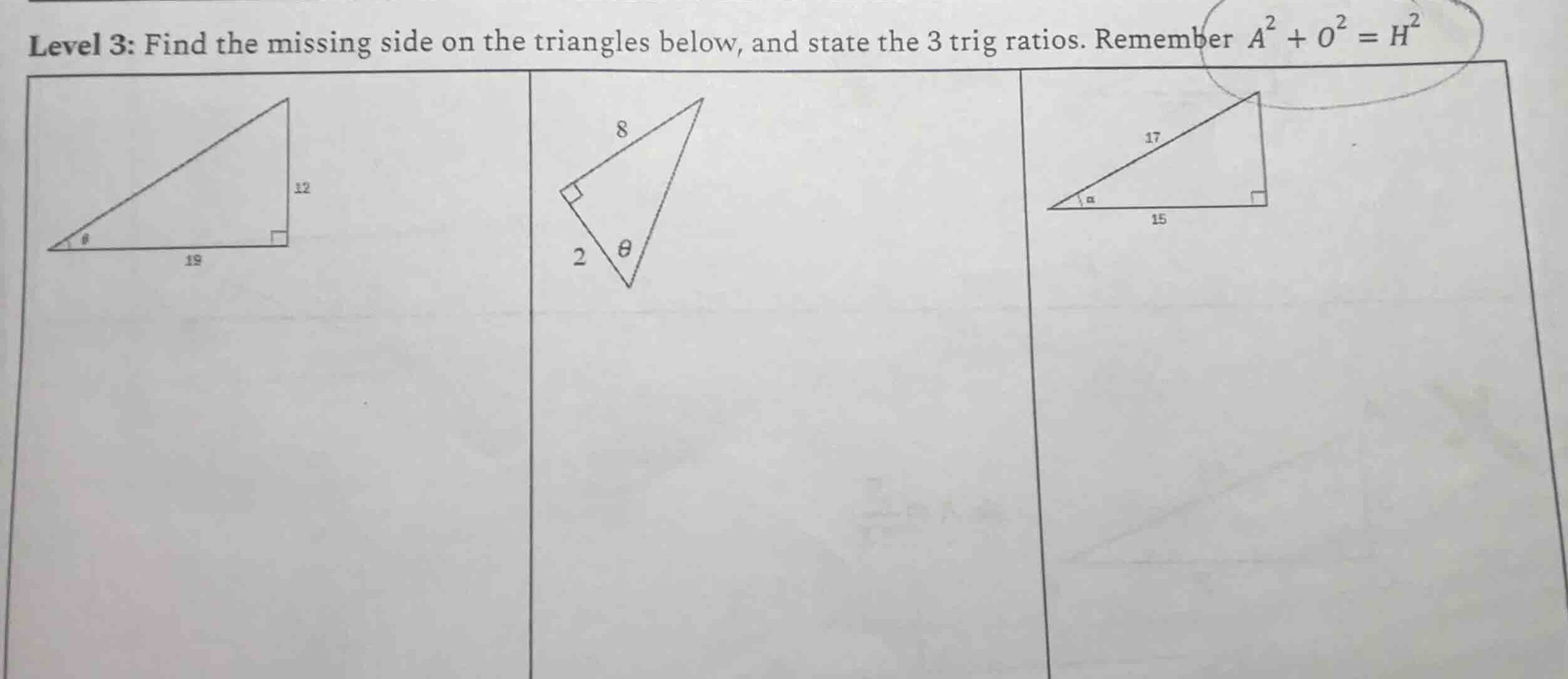 level 3: find the missing side on the triangles below, and state the 3 …