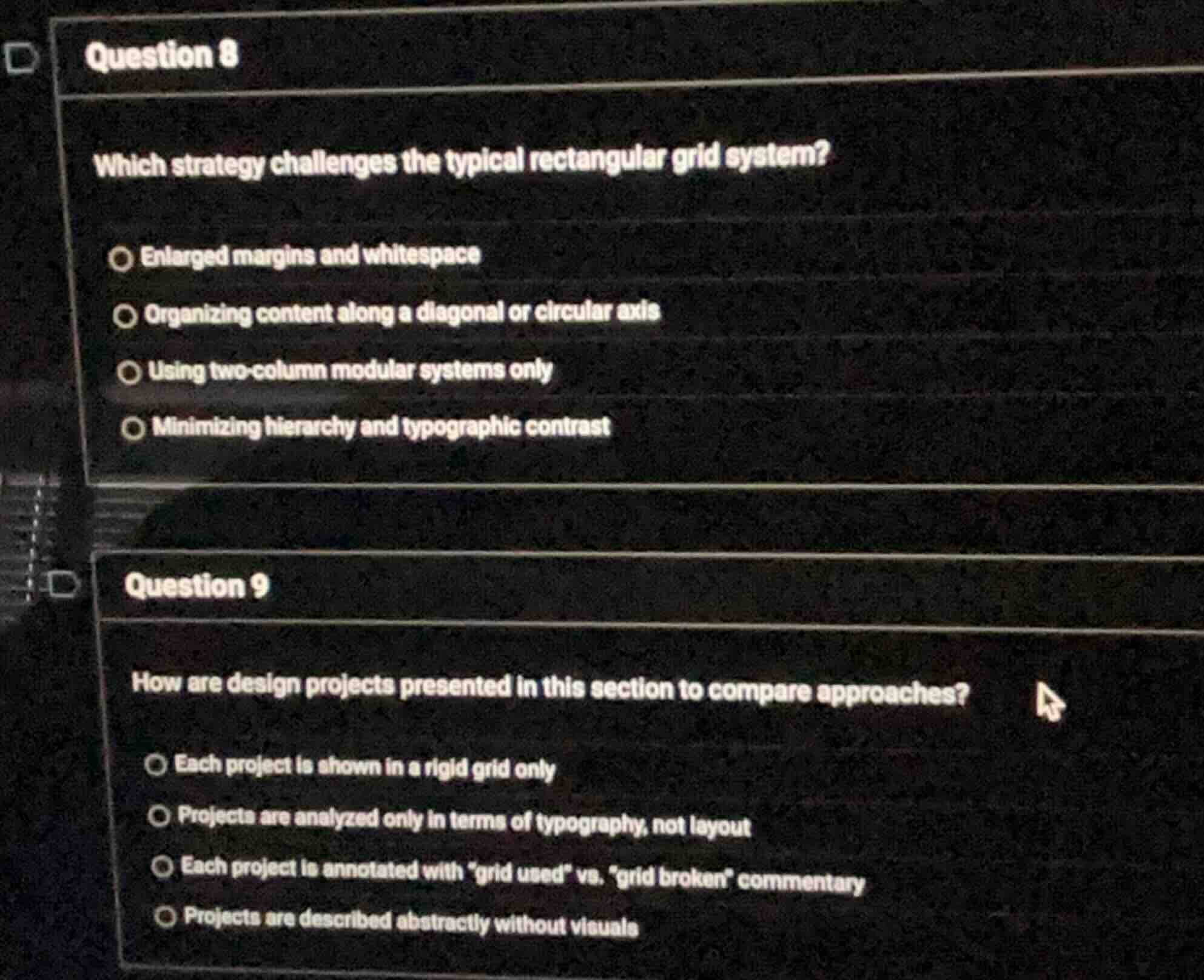 question 8 which strategy challenges the typical rectangular grid syste…