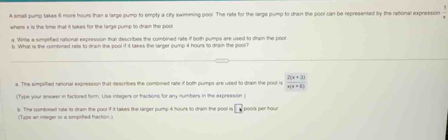 a small pump takes 6 more hours than a large pump to empty a city swimm…