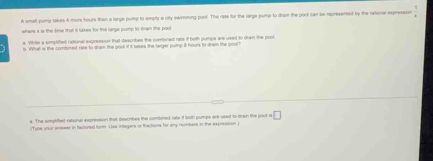 a small pump takes 4 more hours than a large pump to empty a city swimm…