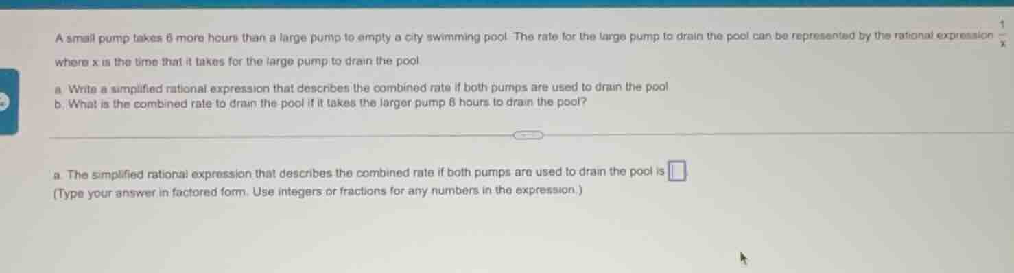 a small pump takes 6 more hours than a large pump to empty a city swimm…
