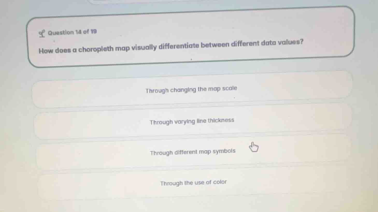 question 14 of 19 how does a choropleth map visually differentiate betw…
