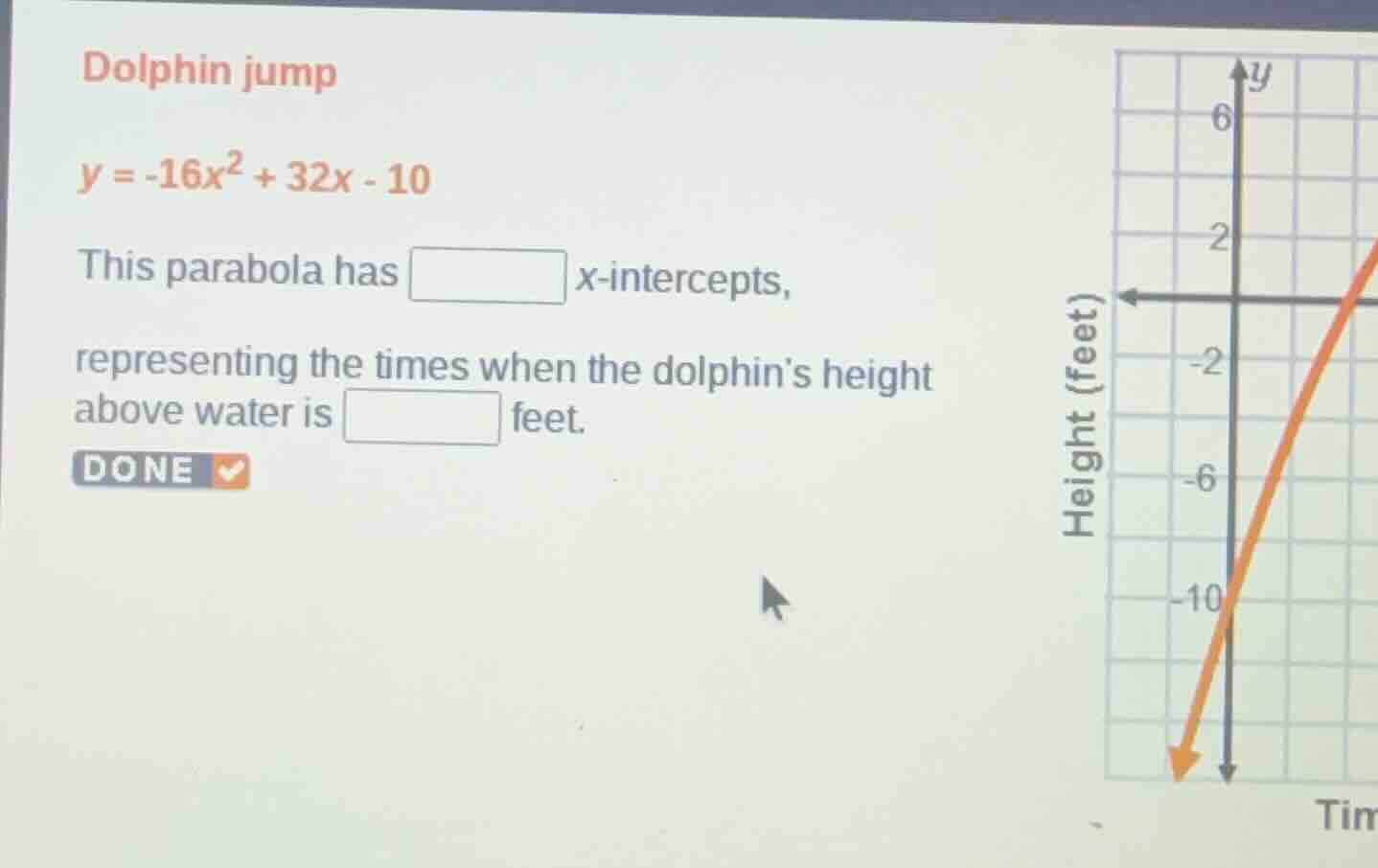 dolphin jump (y = -16x^2 + 32x - 10) this parabola has x-intercepts, re…