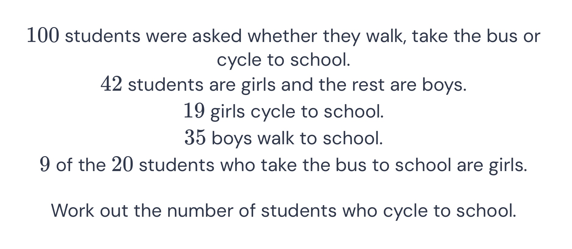 100 students were asked whether they walk, take the bus or cycle to sch…