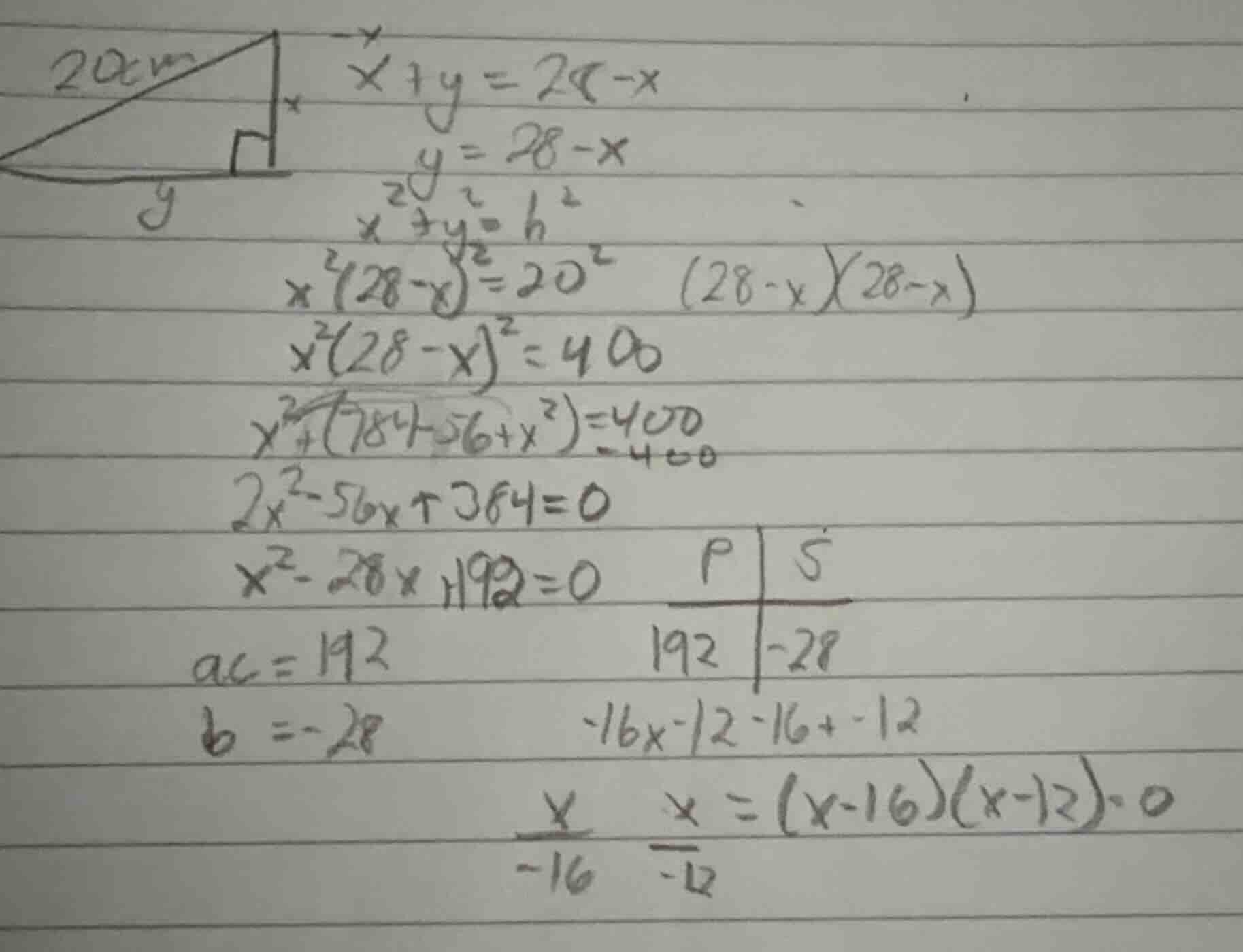 \\begin{aligned} &x + y = 28 \\\\ &y = 28 - x \\\\ &x^2 + y^2 = h^2 \\\…