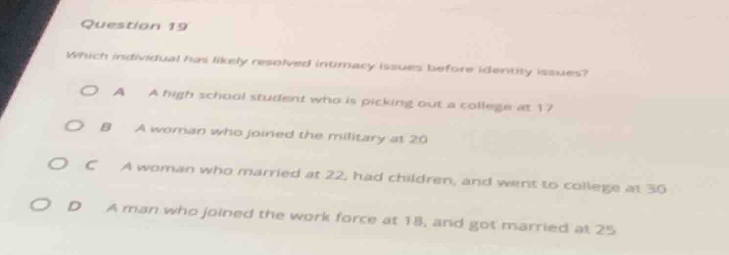 question 19 which individual has likely resolved intimacy issues before…