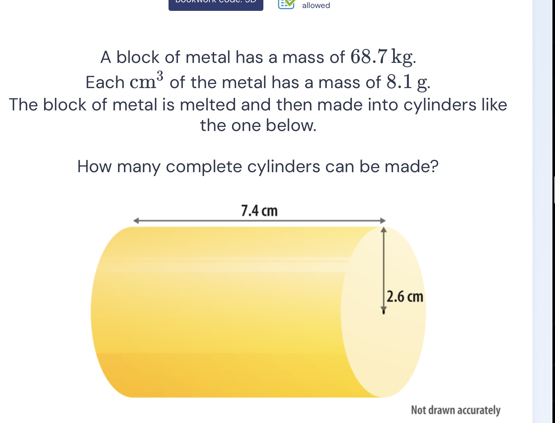 a block of metal has a mass of (68.7\\text{ kg}). each (\\text{cm}^3) o…