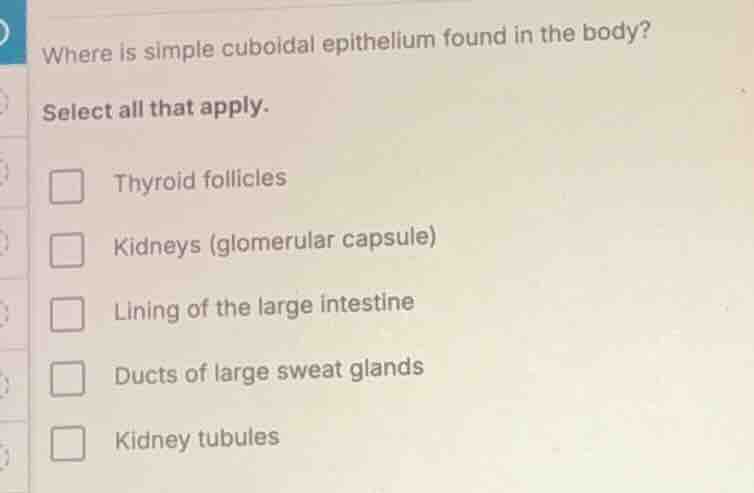 where is simple cuboidal epithelium found in the body? select all that …