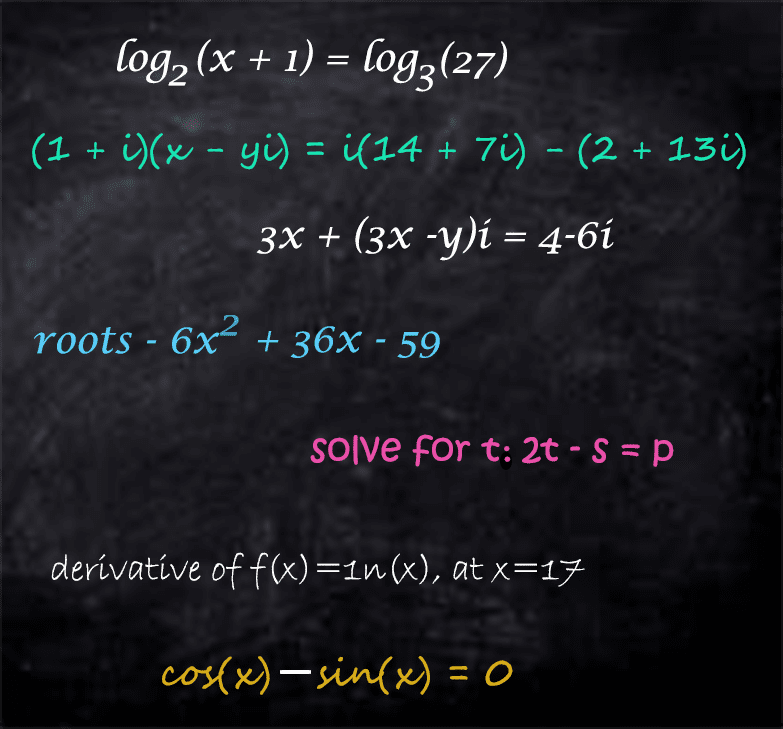 \\\\log_2(x + 1) = \\log_3(27)\\ \\(1 + i)(x - yi) = i(14 + 7i) - (2 + …