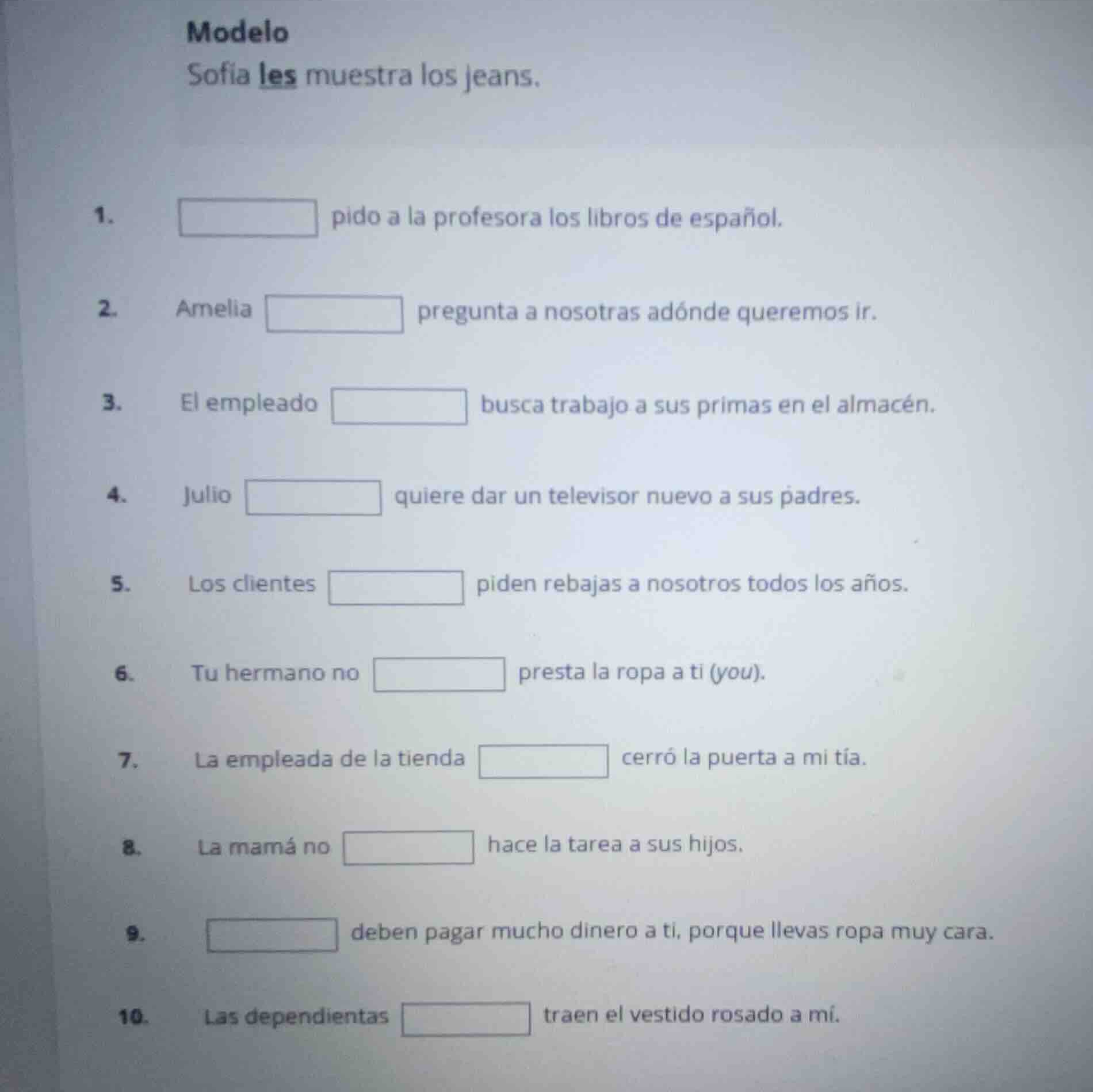 modelo sofía les muestra los jeans. 1. pido a la profesora los libros d…