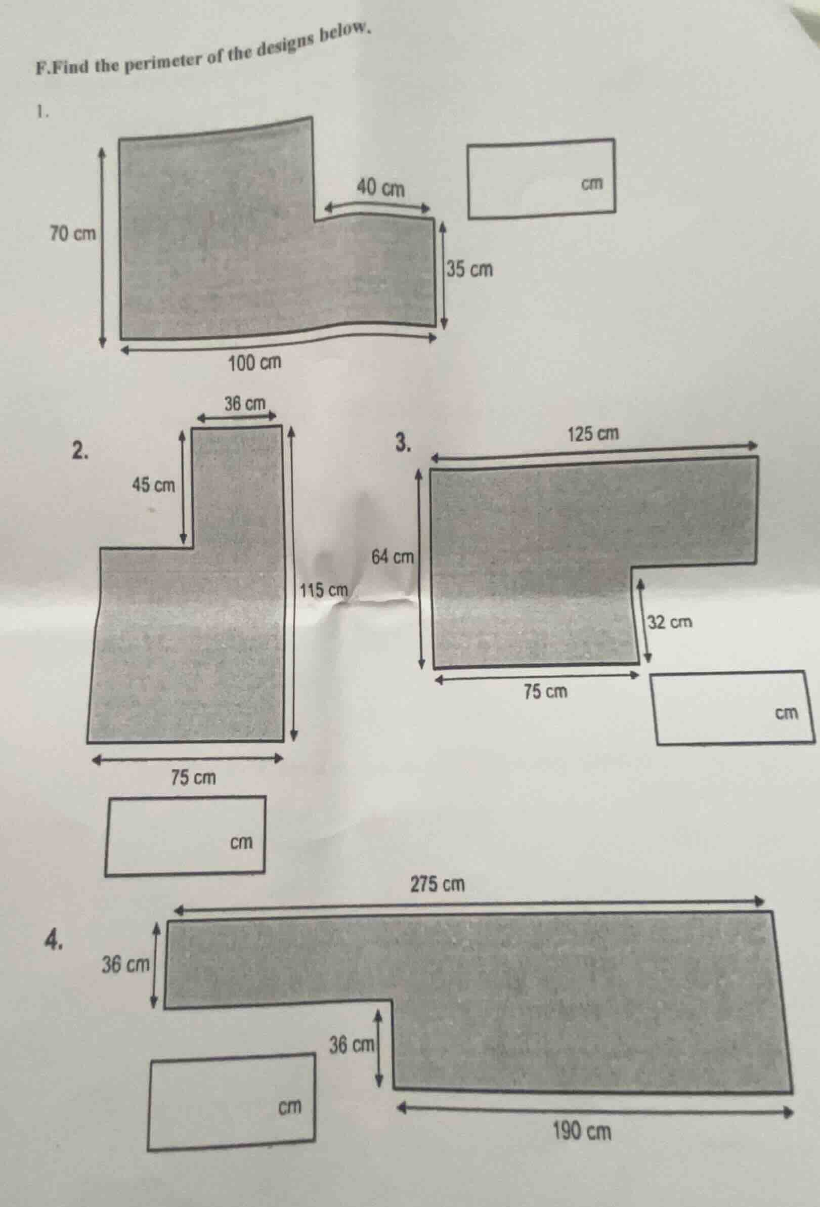 f. find the perimeter of the designs below. 1. an l-shaped polygon with…