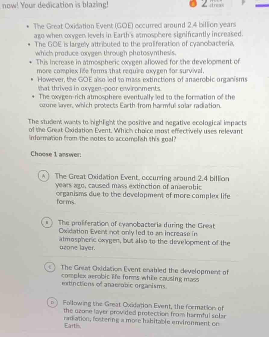 the great oxidation event (goe) occurred around 2.4 billion years ago w…