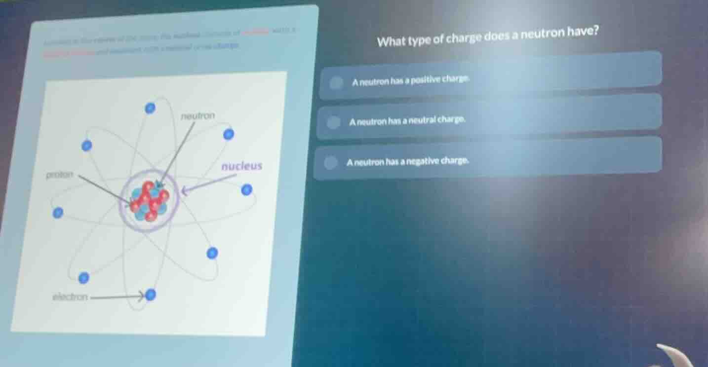 what type of charge does a neutron have? a neutron has a positive charg…