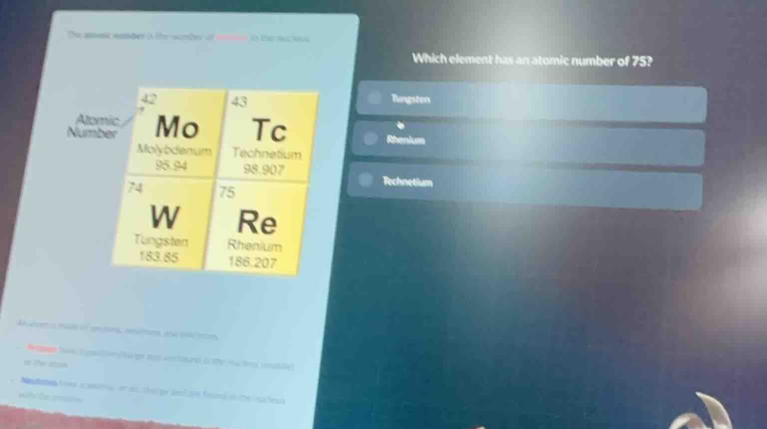 which element has an atomic number of 75? tungsten rhenium technetium