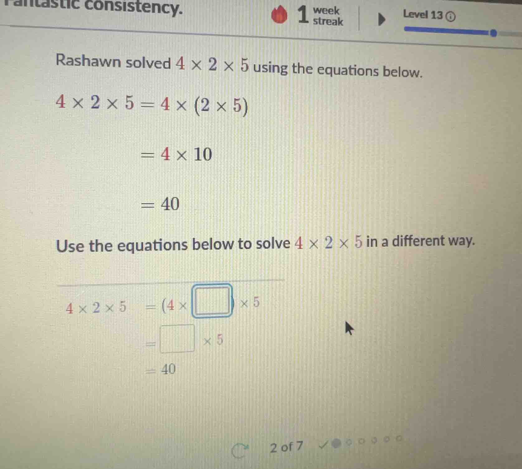 rashawn solved \\(4 \\times 2 \\times 5\\) using the equations below. \…