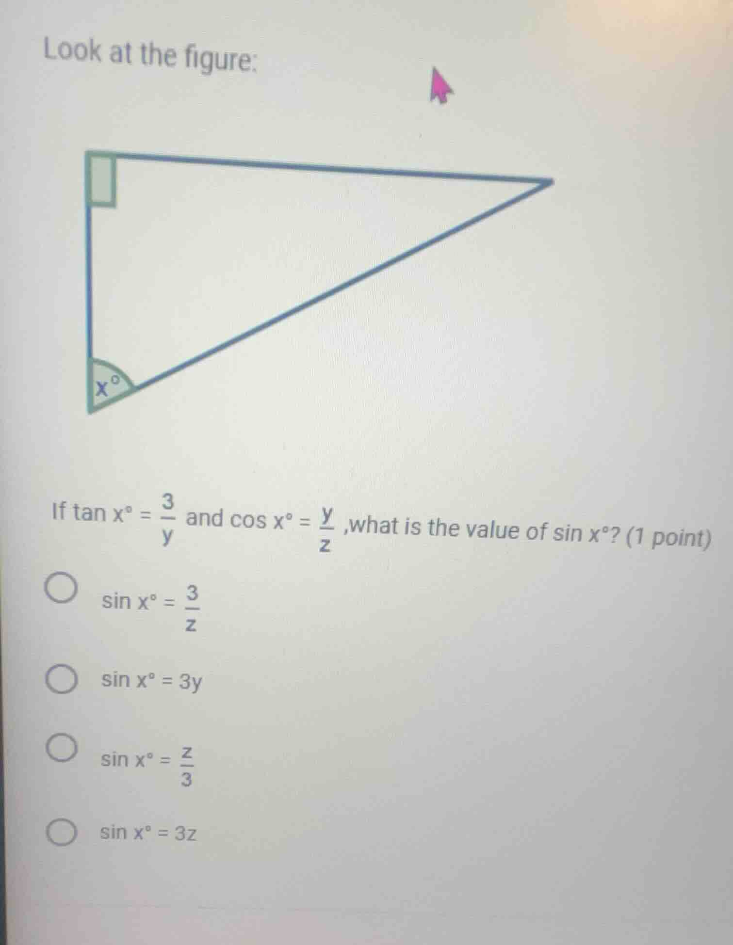 look at the figure: if \\(\\tan x^\\circ = \\frac{3}{y}\\) and \\(\\cos…