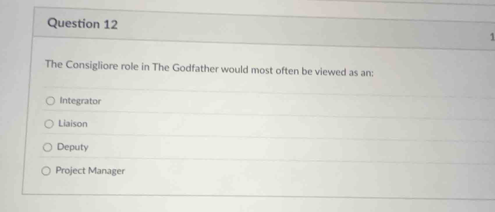 question 12 the consigliore role in the godfather would most often be v…
