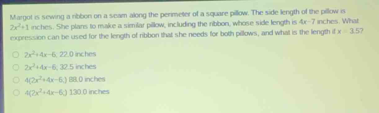 margot is sewing a ribbon on a seam along the perimeter of a square pil…