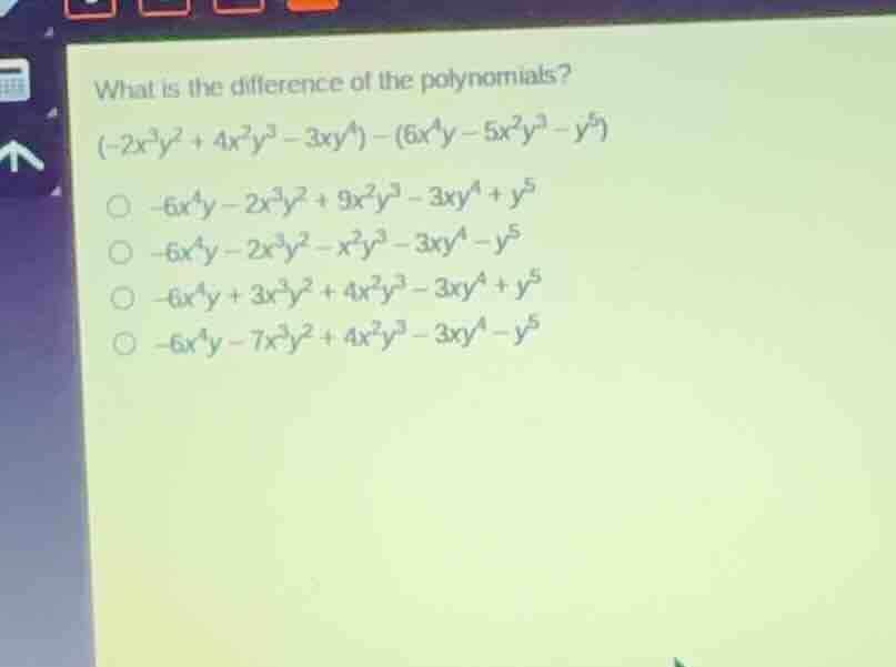what is the difference of the polynomials? \\((-2x^3y^2 + 4x^2y^3 - 3xy…